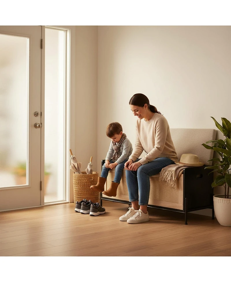 Yigii Rattan Storage Bench with Cushion Safety Hinges Shoe Chest for Living Room Bedroom