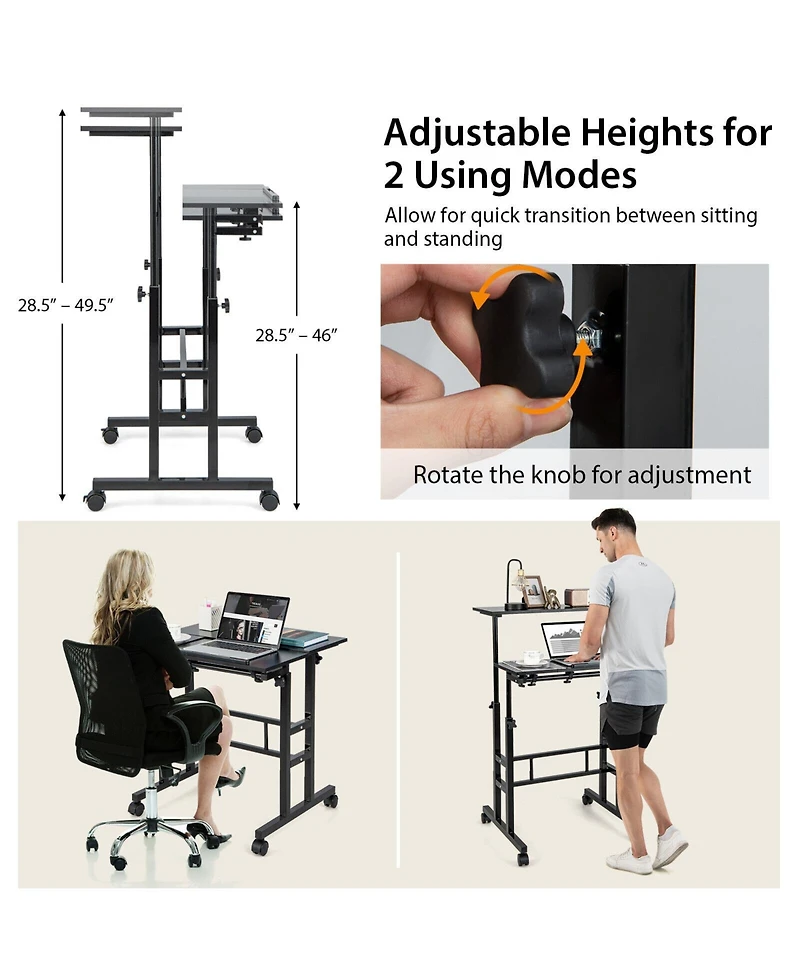 Gouun Mobile Stand-Up Desk with 2 Tilting Desktops, Adjustable Height