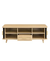 Rainsken Modern Rectangular Coffee Table with Pull-Out Drawer and Vertical Grooved Panels, Center Table with 6 Storage Spaces for Living Room