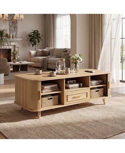 Rainsken Modern Rectangular Coffee Table with Pull-Out Drawer and Vertical Grooved Panels, Center Table with 6 Storage Spaces for Living Room