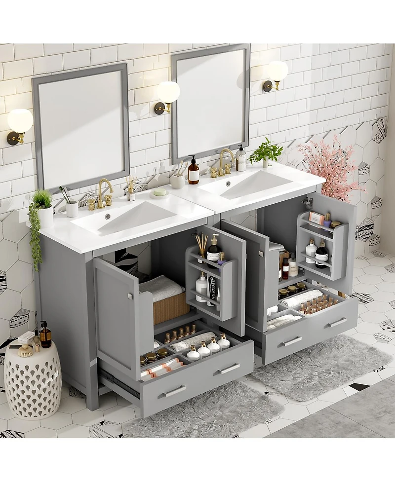 Sillysis 60 Inch Double Bathroom Vanity Set, Freestanding Solid Wood Cabinet with Ceramic Sinks and Soft Close Doors, Modern Storage.