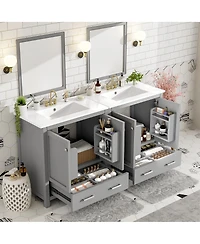 Sillysis 60 Inch Double Bathroom Vanity Set, Freestanding Solid Wood Cabinet with Ceramic Sinks and Soft Close Doors, Modern Storage.