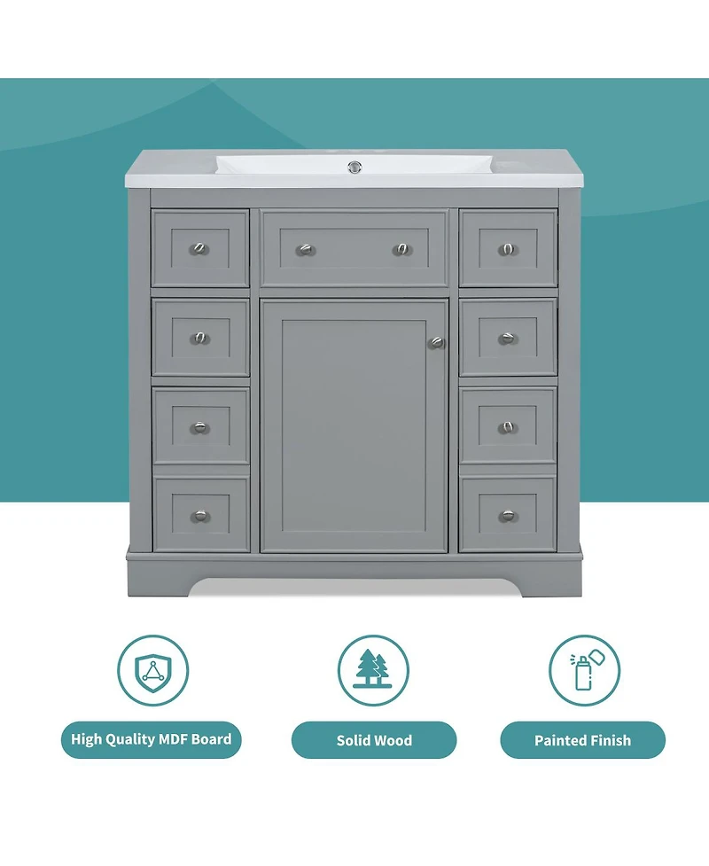 Sillysis 36 Inch Modern Bathroom Vanity Base without Sink, Solid Wood and Mdf Cabinet with 6 Drawers Adjustable Shelf for Storage