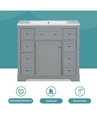 Sillysis 36 Inch Modern Bathroom Vanity Base without Sink, Solid Wood and Mdf Cabinet with 6 Drawers Adjustable Shelf for Storage