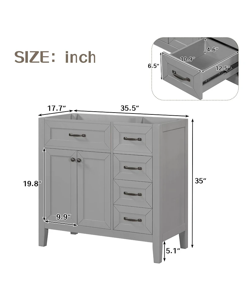 Sillysis 36 Inch Modern Bathroom Vanity Base without Top Sink, Solid Wood and Mdf Cabinet with Drawers, Freestanding Storage for Small Spaces.
