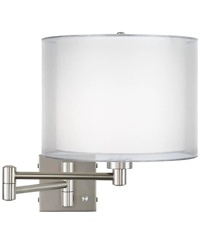Possini Euro Design Modern Swing Arm Wall Lamp Brushed Nickel Plug-In Light Fixture Double Sheer Silver Drum Shade Bedroom