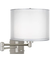 Possini Euro Design Modern Swing Arm Wall Lamp Brushed Nickel Plug-In Light Fixture Double Sheer Silver Drum Shade Bedroom