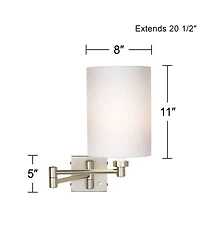 Possini Euro Design Modern Swing Arm Wall Lamp Brushed Nickel Plug-In Light Fixture Cotton Cylinder Shade Bedroom Bedside