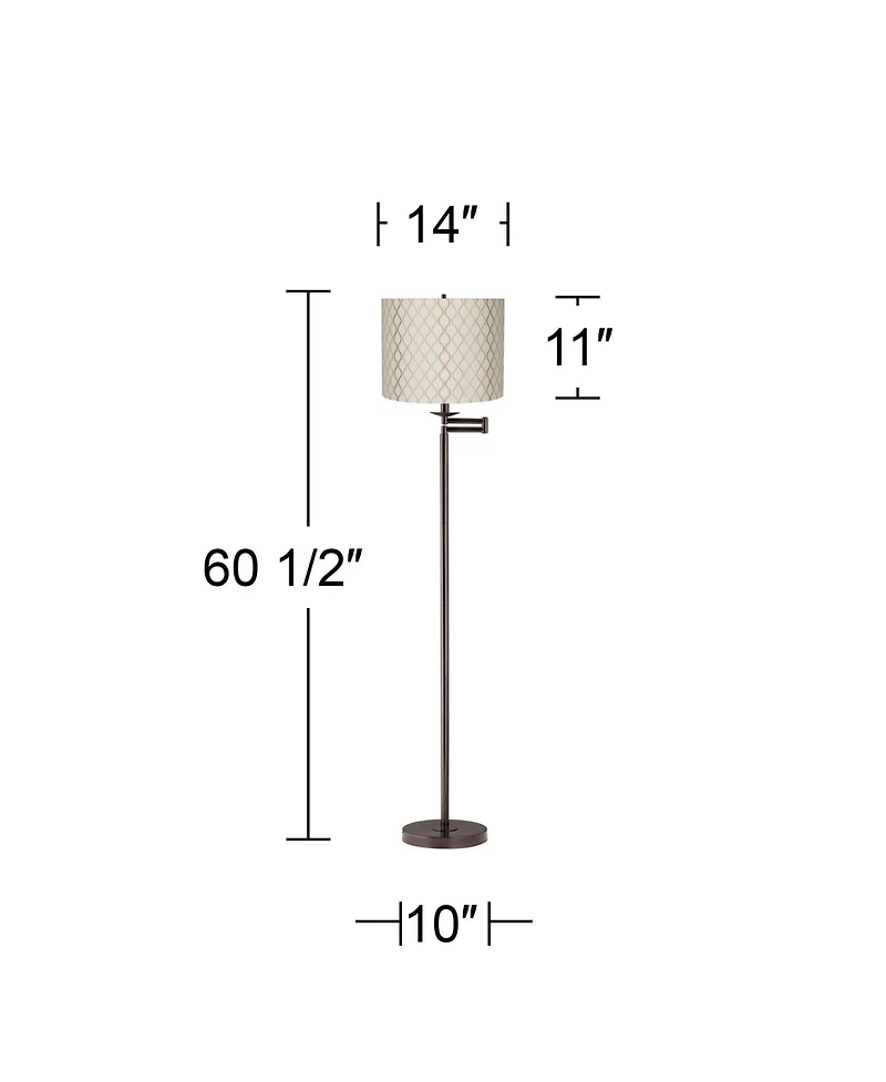 Regency Hill Swing Arm Floor Lamp 60.5" Tall Bronze Embroidered Hourglass Off White Fabric Drum Shade for Living Room Reading Bedroom