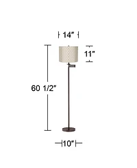Regency Hill Swing Arm Floor Lamp 60.5" Tall Bronze Embroidered Hourglass Off White Fabric Drum Shade for Living Room Reading Bedroom