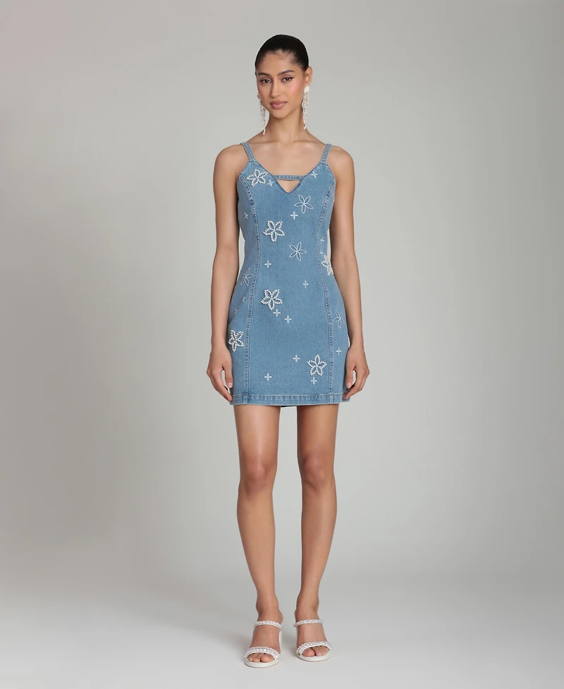 Avec Les Filles Women's Imitation Pearl Embroidered Detail Mini Dress