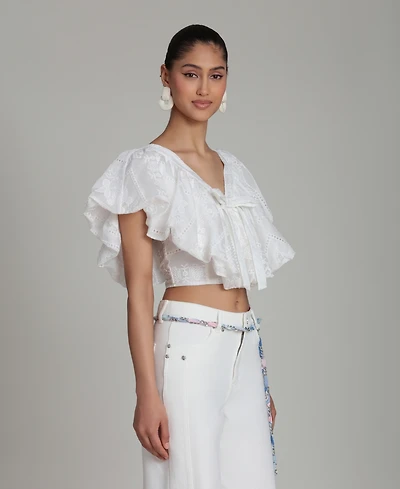 Avec Les Filles Women's V-Neck Tie-Detail Bubble Top