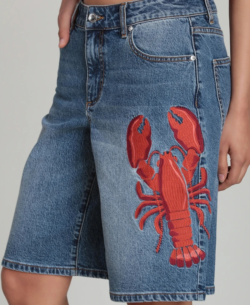Avec Les Filles Women's Mid-Rise Lobster Embroidered Denim Shorts