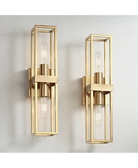 Possini Euro Design Fabian Modern Wall Light Sconces Set of 2 Warm Brass Hardwired 4" 2-Light Fixture Open Rectangular Frame for Bedroom