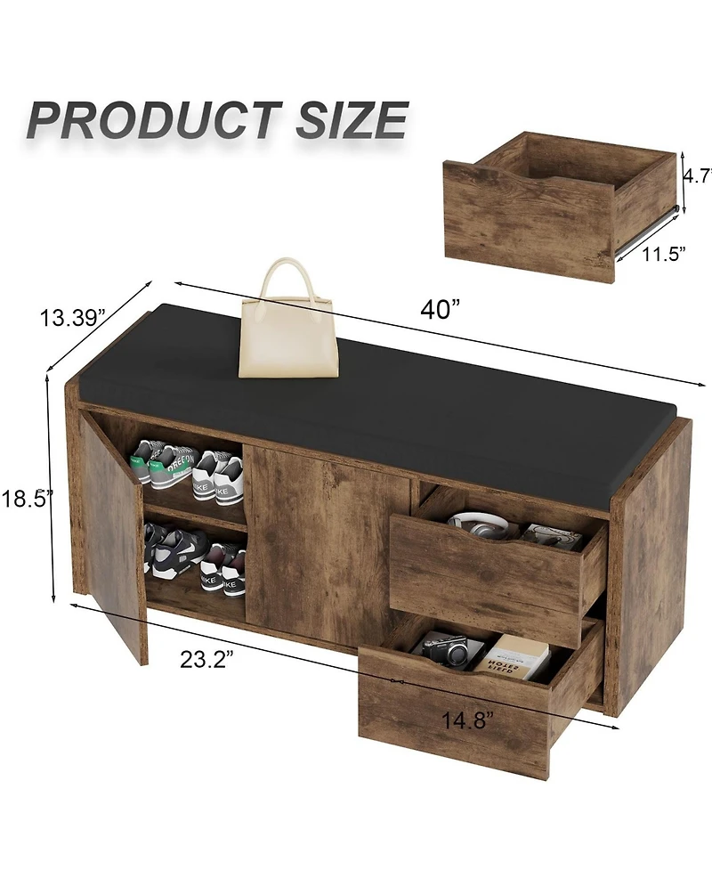 Yigii Entryway Storage Bench with 2 Drawers 2-Tier Shoe Rack Padded Seat Adjustable Shelf Industrial Wood