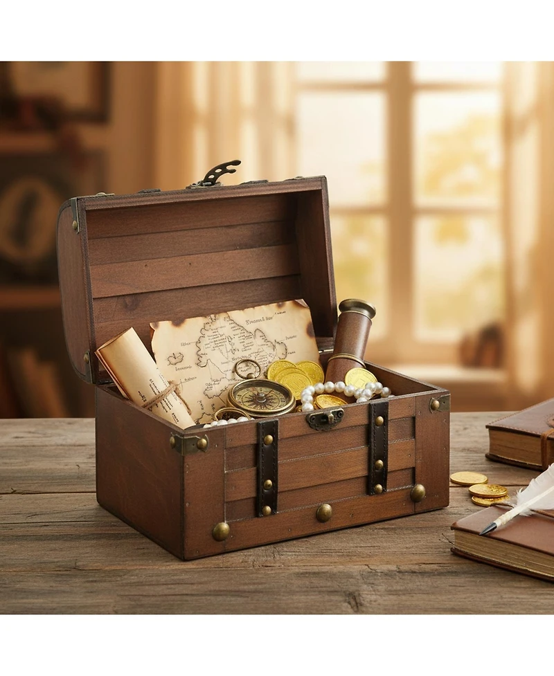 Yigii Small Wooden Treasure Chest Vintage Decorative Storage Box Hinged Lid Keepsakes Organizer