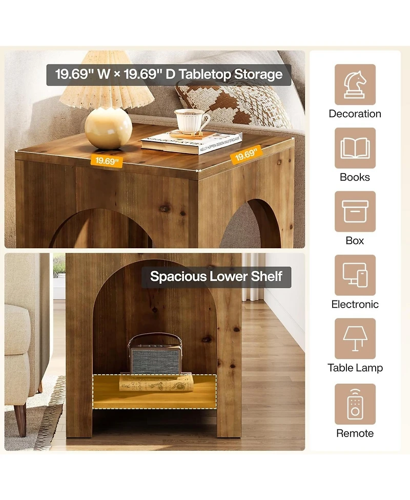 Tribesigns 2-Tier Storage Square Side Table, Farmhouse Wooden End Table with Arch Design, Small Nightstand