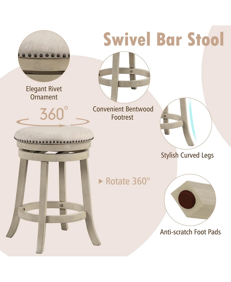 Costway 26.5" Swivel Bar Stools Set of 2 Round Counter Height Barstools with Wooden Frame