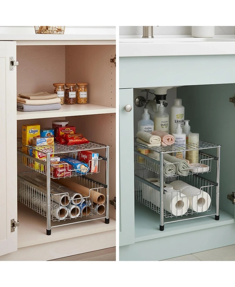Yigii Free Standing Pull Out Cabinet Organizer Double Sliding Wire Baskets Top Shelf Stackable Metal Storage