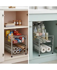 Yigii Free Standing Pull Out Cabinet Organizer Double Sliding Wire Baskets Top Shelf Stackable Metal Storage