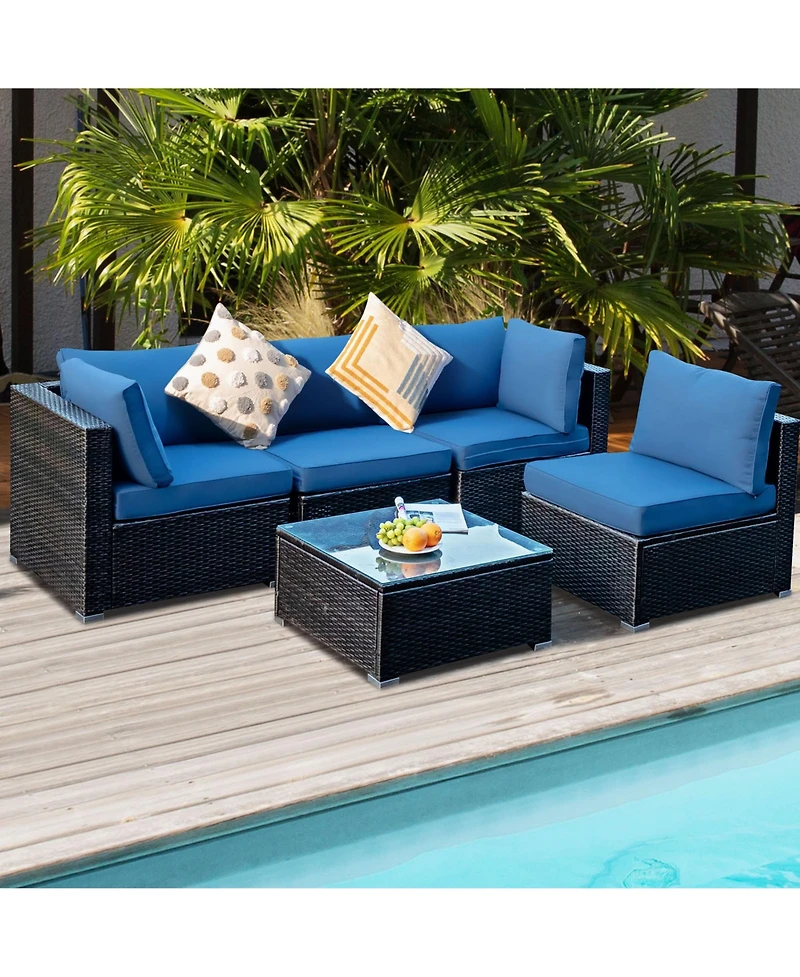 Gymax 5 Pieces Rattan Patio Conversation Set Sofa Furniture Set with Cushions