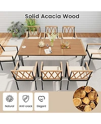 Gymax 9 Pcs Patio Dining Set Rectangular Dining Table w/ Acacia Wood Top Umbrella Hole