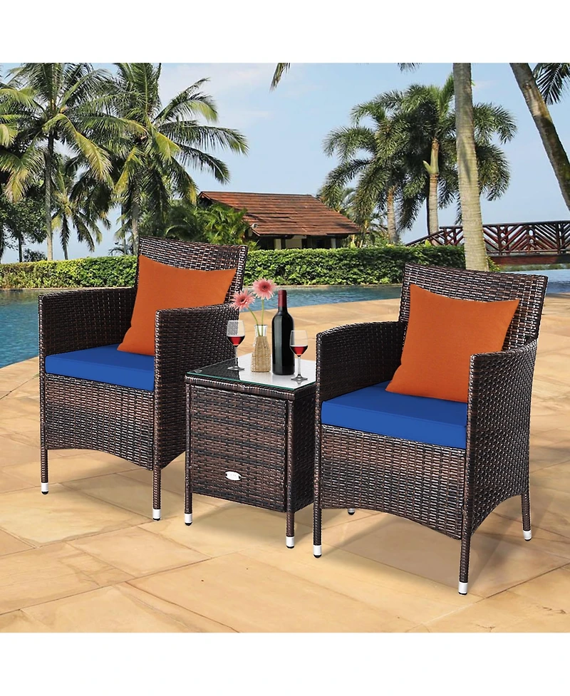 Gymax 3PCS Patio Rattan Chair & Table Furniture Set Outdoor w/ Beige Cushion