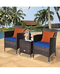Gymax 3PCS Patio Rattan Chair & Table Furniture Set Outdoor w/ Beige Cushion