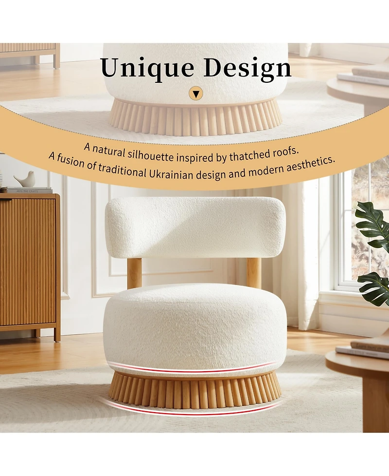 Rainsken Modern Farmhouse Style Accent Chair with Thatched-Roof Inspired Wooden Base, Soft Upholstered Seating Chair for Living Room and Bedroom