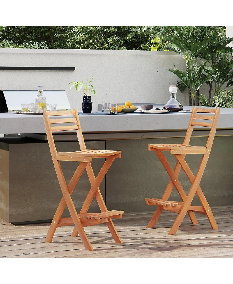 Gymax Outdoor Folding Bar Stools Set of 2 w/Backrest Footrest Wooden Barstools