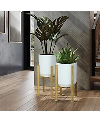 LuxenHome 2-Pc Textured Round White Metal Cachepot Planters with Gold Stands