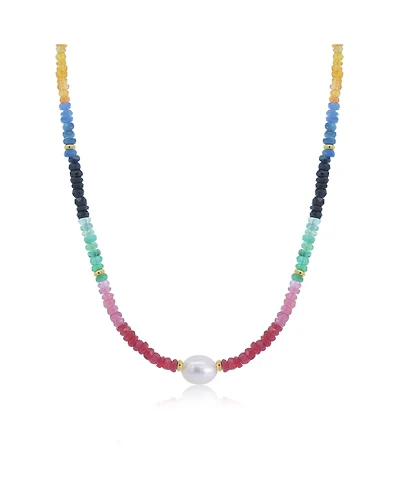 The Lovery Rainbow Gemstone Bead Pearl Necklace 14K Yellow Gold