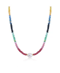 The Lovery Rainbow Gemstone Bead Pearl Necklace 14K Yellow Gold