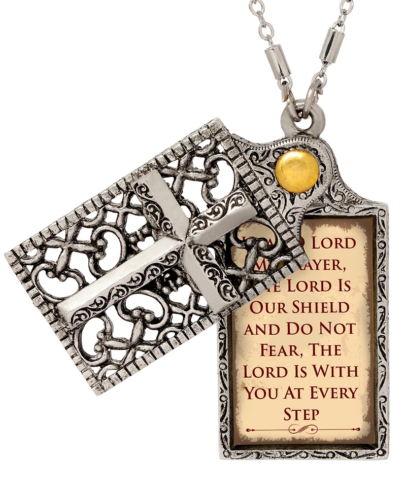 Symbols of Faith Silver Tone "Hear Oh Lord." Rectangle Cross Locket 28" Necklace
