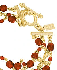 Symbols of Faith 14K Gold-Dipped Red 3-Row Bead and Cross Toggle Bracelet