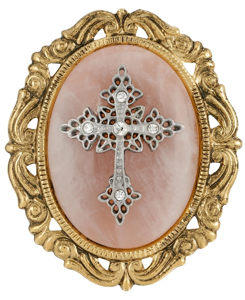 Symbols of Faith 14K Gold Dipped Rose Quartz Oval Brooch