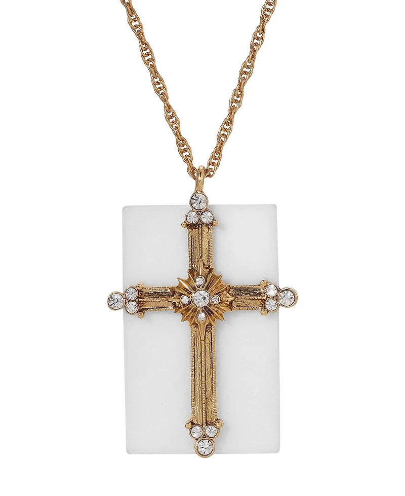 Symbols of Faith 14K Gold Dipped White Real Quartz Stone Crystal Cross 28" Necklace