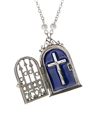 Symbols of Faith Silver Tone Blue Enamel Cross House Locket Faux Pearl Necklace