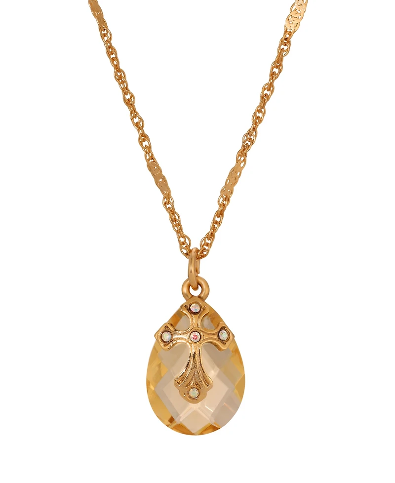 Symbols of Faith 14k Gold Dipped Light Colorado Oval Glass Drop Crystal Cross 16"+3" Necklace