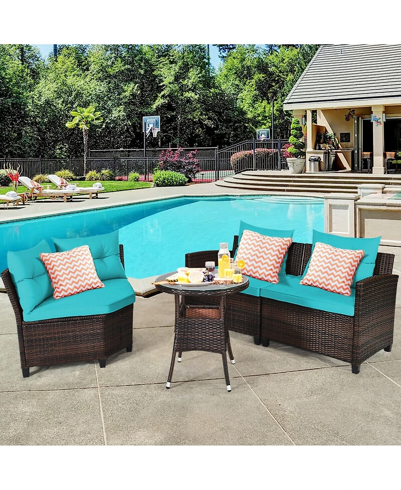 Gymax 4PCS Patio Furniture Set Outdoor Rattan Sectional Sofa Set w/ Turquoise Cushions