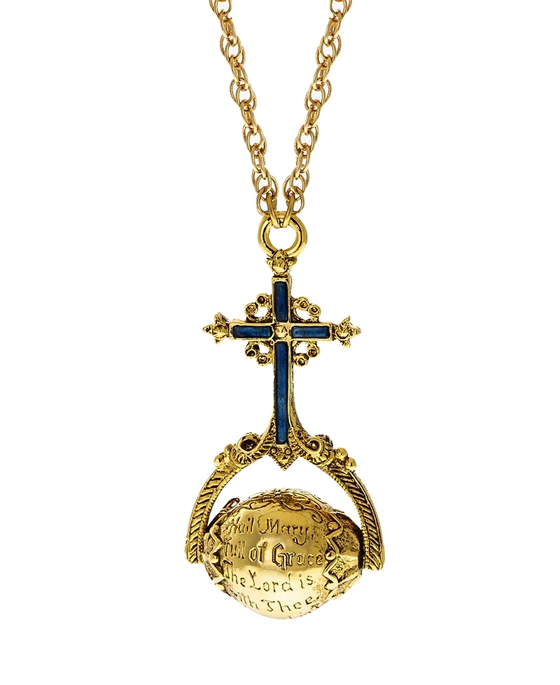Symbols of Faith 14K Gold Dipped Blue Sapphire Cross Hail Mary Spinner Necklace