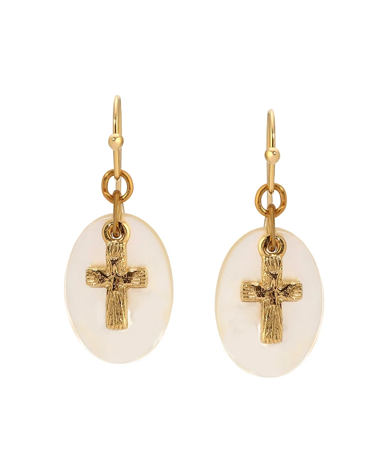 Symbols of Faith Gold Tone Cross Mother Of Pearl Wire Earrings