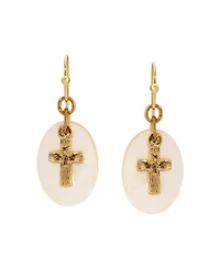 Symbols of Faith Gold Tone Cross Mother Of Pearl Wire Earrings