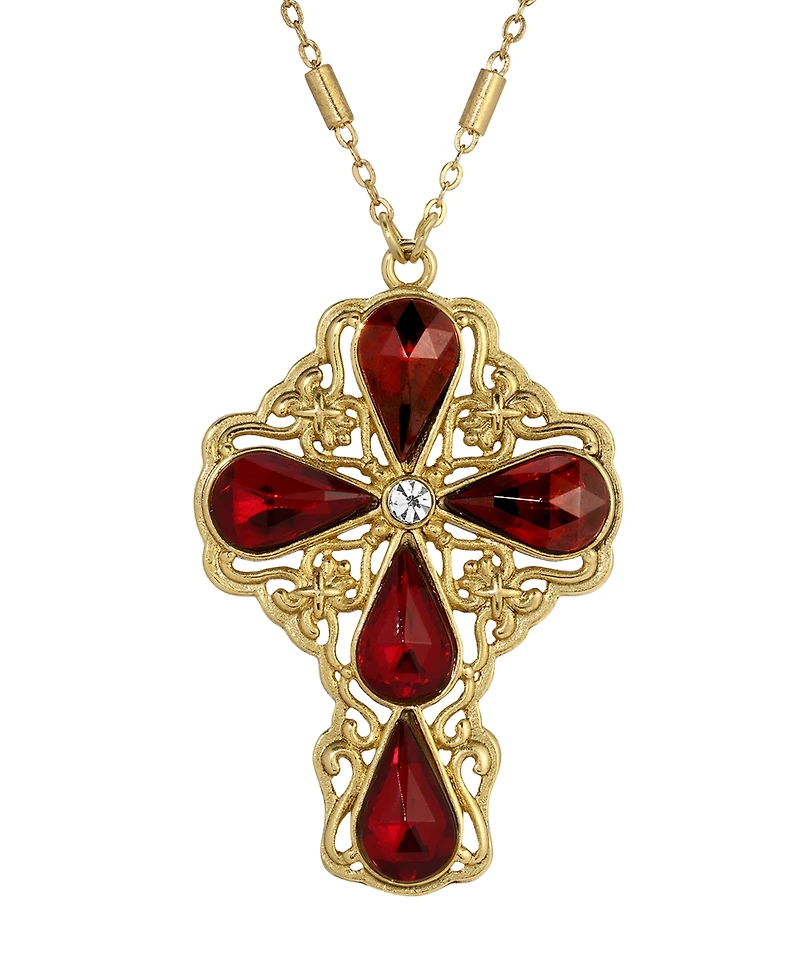 Symbols of Faith Gold-Tone Garnet Teardrop Crystal Pendant Cross 28" Necklace