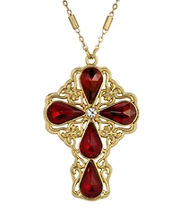 Symbols of Faith Gold-Tone Garnet Teardrop Crystal Pendant Cross 28" Necklace