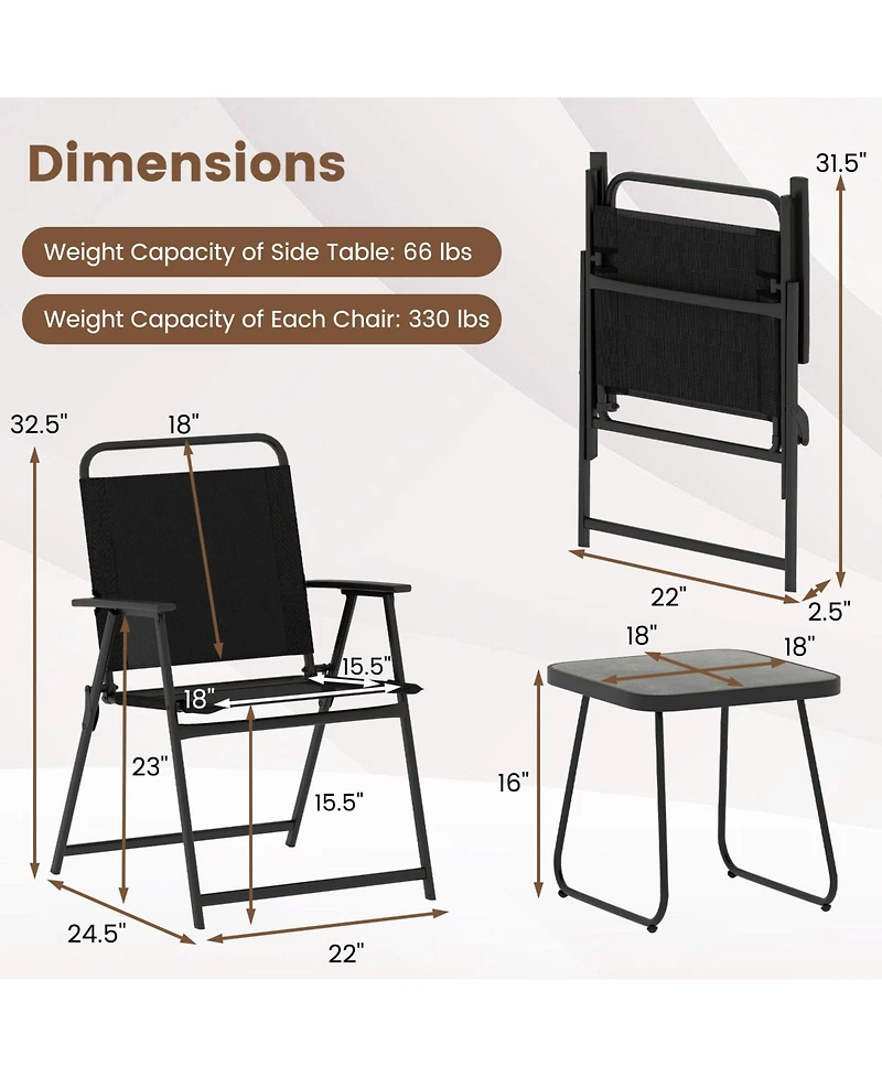 Gymax 3-Piece Patio Furniture Set Folding Fabric Chairs and Marble-Like Top Coffee Table