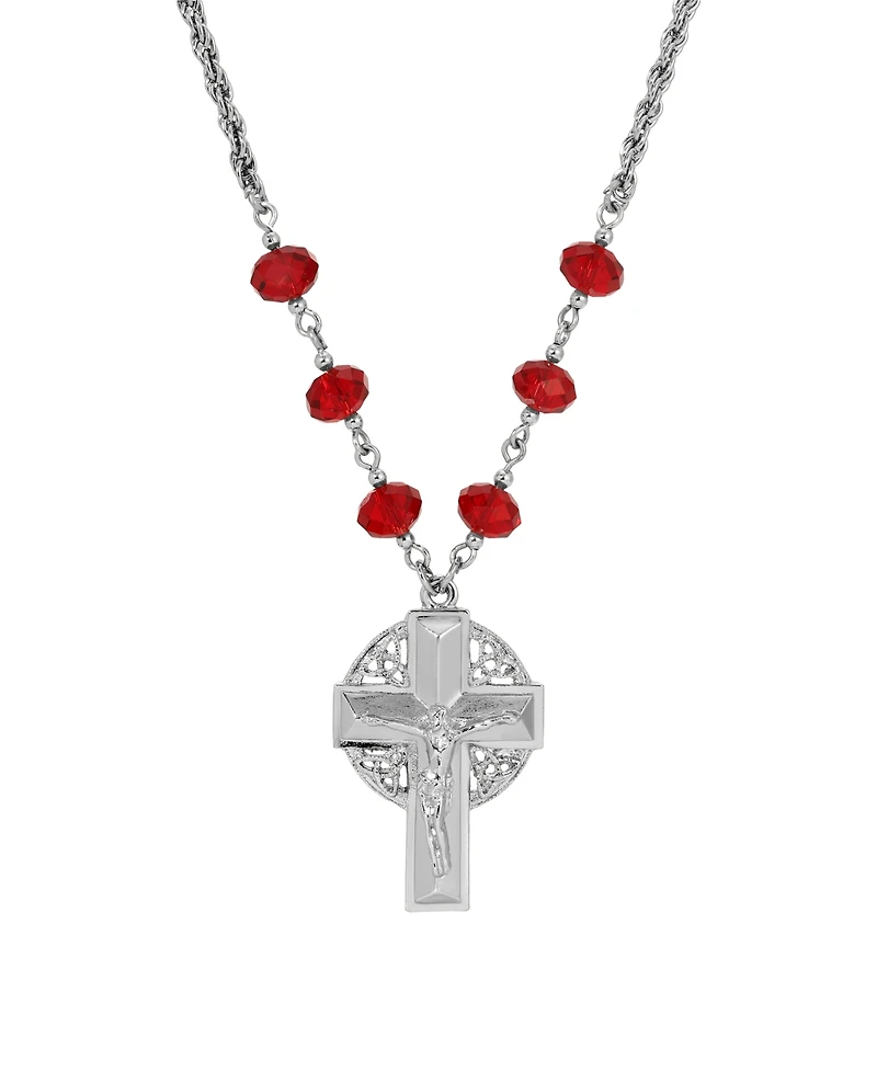 Symbols of Faith Silver-Tone Crucifix Siam Bead Chain 16" + 3" Necklace