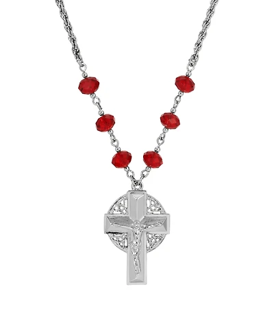 Symbols of Faith Silver-Tone Crucifix Siam Bead Chain 16" + 3" Necklace