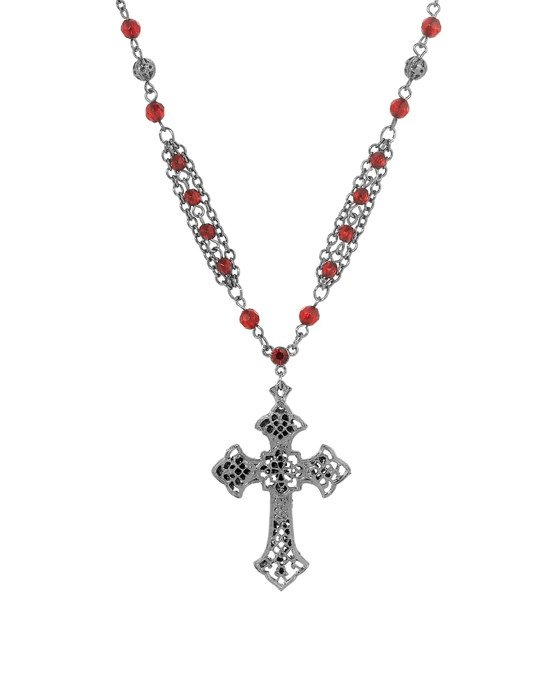 Symbols of Faith Black-Tone Gothic Cross Red Beaded 16" + 3" Chain Necklace