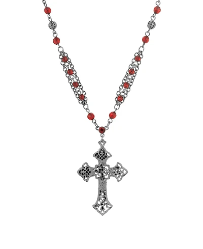 Symbols of Faith Black-Tone Gothic Cross Red Beaded 16" + 3" Chain Necklace